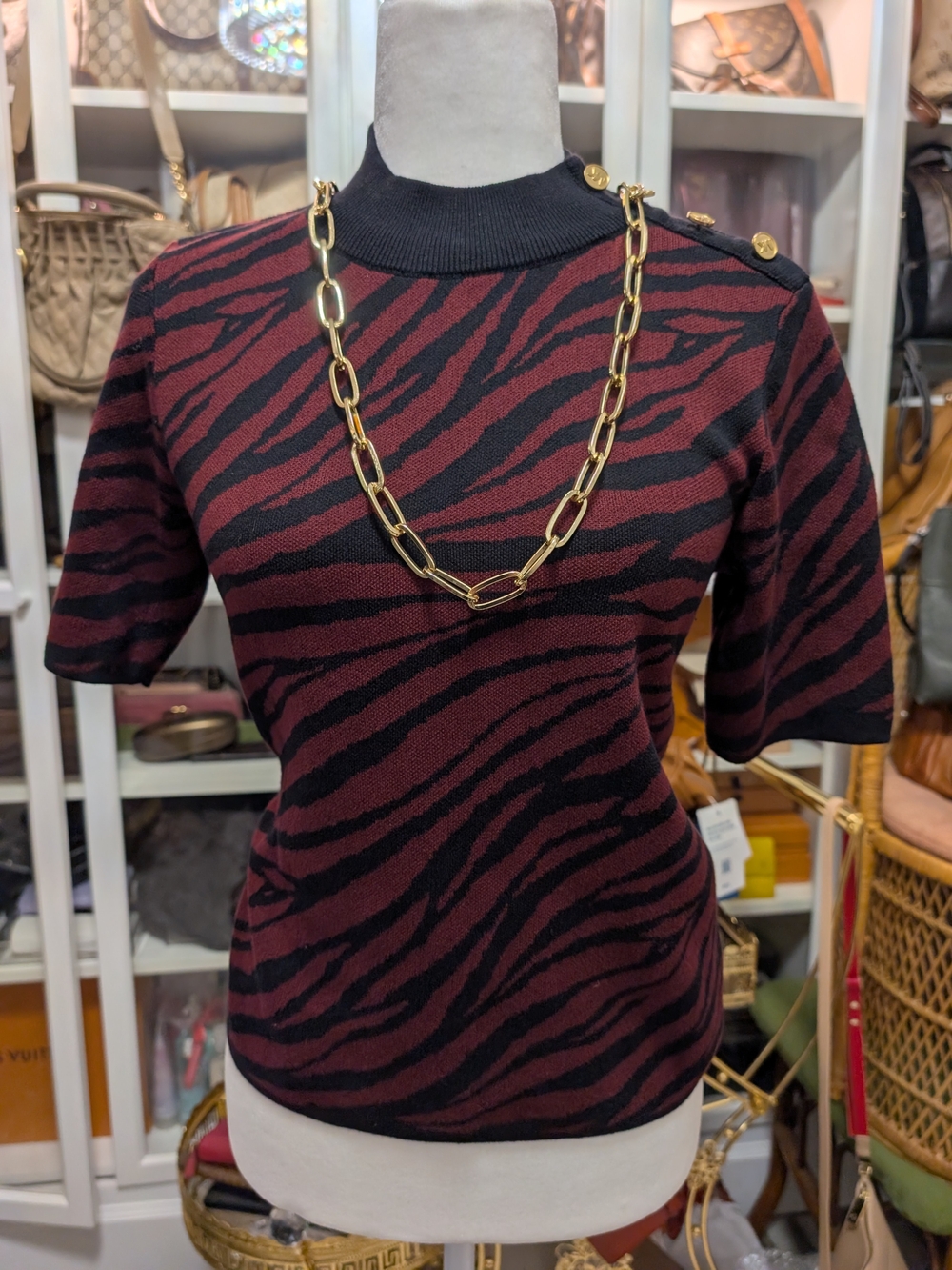 Michael Kors Black and Burgundy Zebra Print Short Sleeve Knit Top